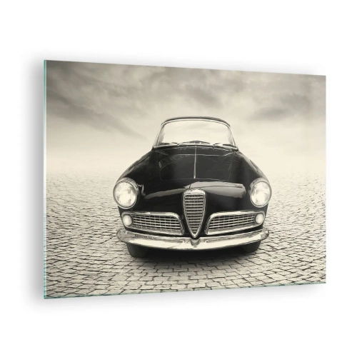 Quadro em vidro - Carro clássico em estrada de paralelepípedos em preto e branco - 70x50cm - E como não me amar? - Decoração de parede moderna para a sala de estar e quarto ARTTOR