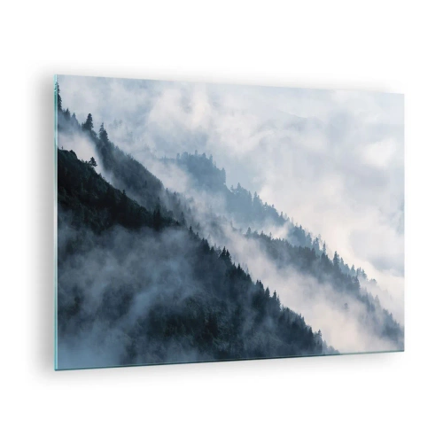 Quadro em vidro - Panorama de montanha com neblina e uma floresta escura - 70x50cm - Misticismo das montanhas - Decoração de parede moderna para a sala de estar e quarto ARTTOR