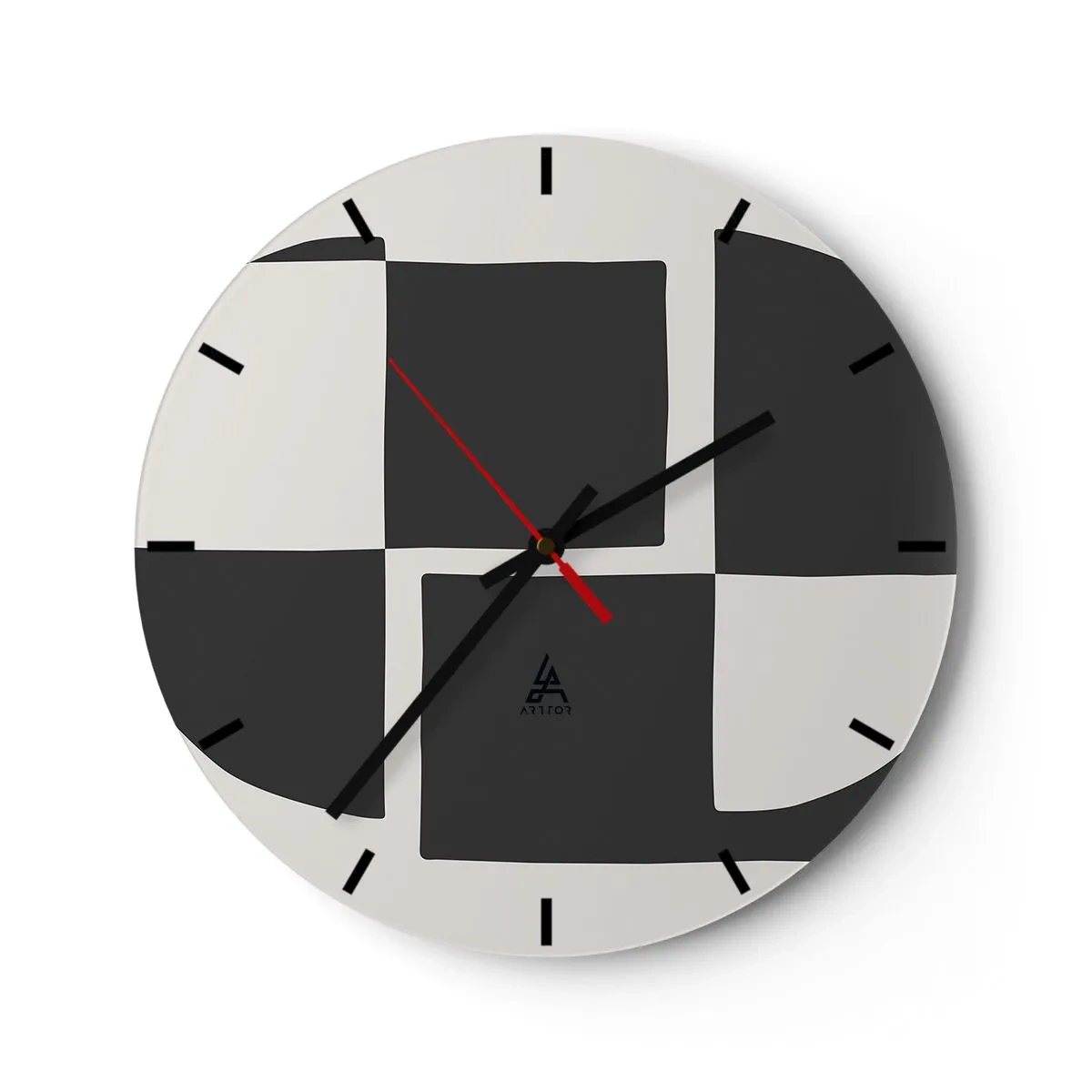 Relógio de parede - Relógio em vidro - Composição geométrica em preto e branco - 30x30cm - Antítese – síntese - Decoração de parede moderna para a sala de estar, cozinha e quarto ARTTOR