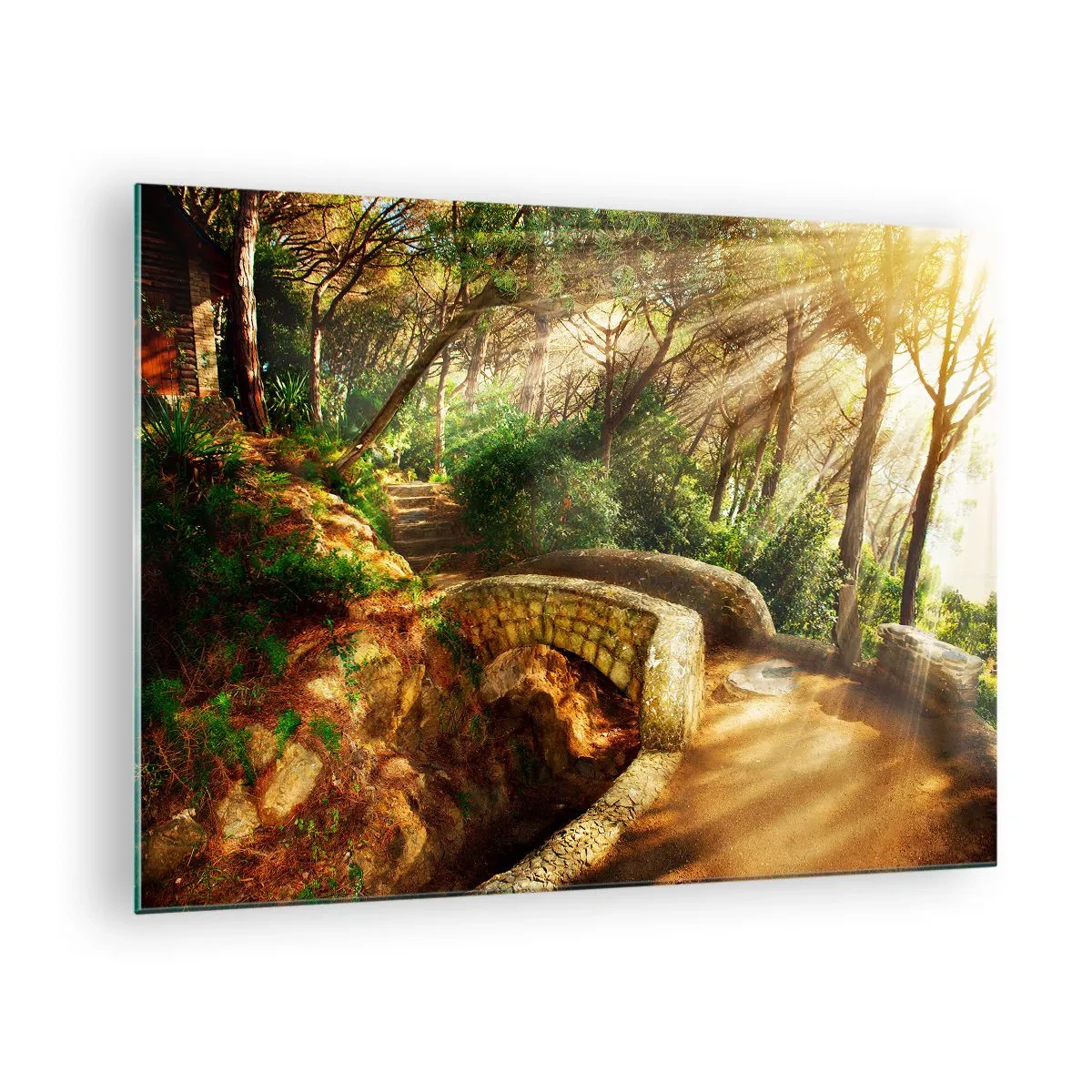 Quadro em vidro - Raios de sol iluminando a ponte e o caminho da floresta - 70x50cm - Direto da ponte para a floresta de contos de fadas - Decoração de parede moderna para a sala de estar e quarto ARTTOR