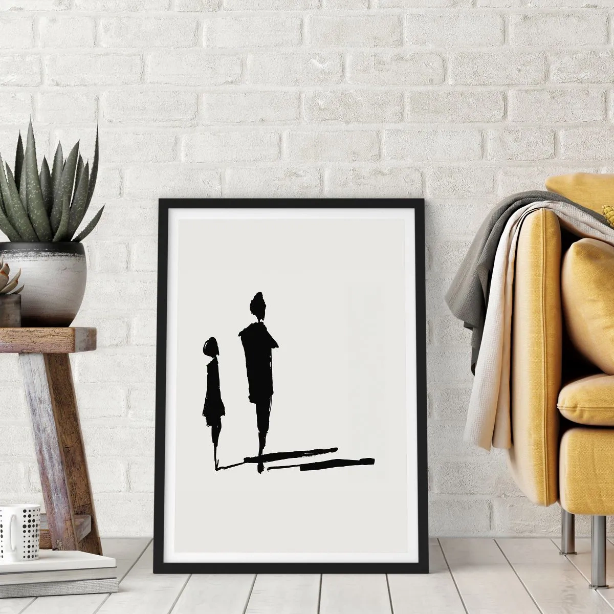Pôster com moldura preta - Silhuetas de duas figuras em preto sobre fundo claro - 50x70cm - Certeza que juntos? - Decoração de parede moderna para a sala de estar e quarto ARTTOR