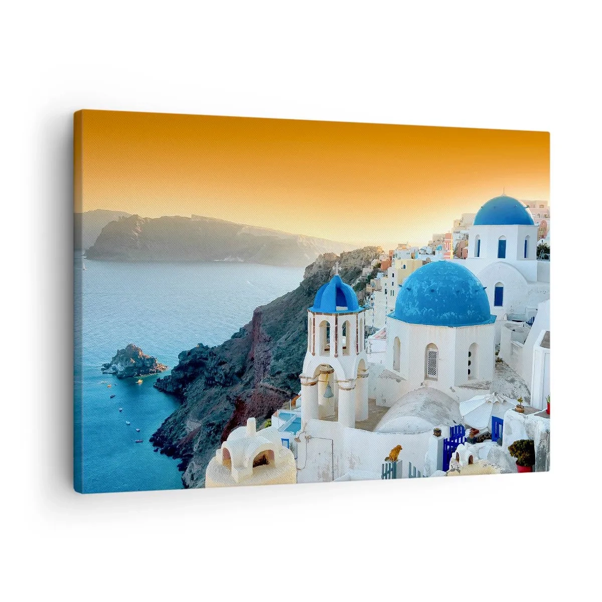 Quadro em tela - Vista de Santorini com edifícios brancos e mar azul - 70x50cm - Santorini - abraçada às rochas - Decoração de parede moderna para a sala de estar e quarto ARTTOR