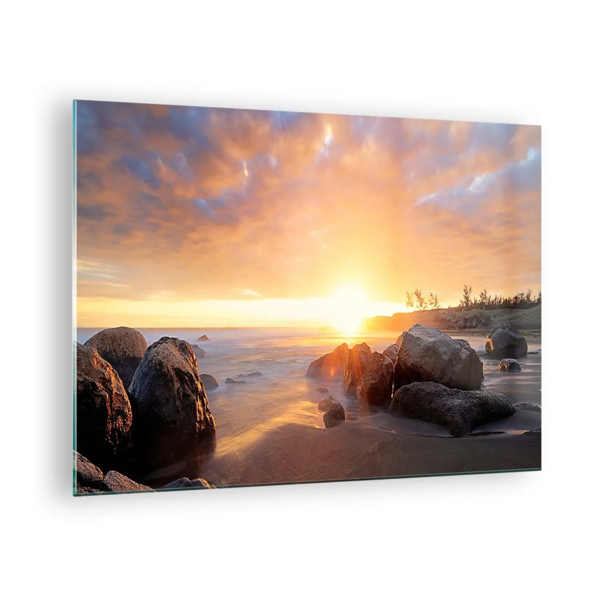 Quadro em vidro - Pôr do sol sobre o mar com pedras na praia - 70x50cm - A brisa luminosa da noite - Decoração de parede moderna para a sala de estar e quarto ARTTOR
