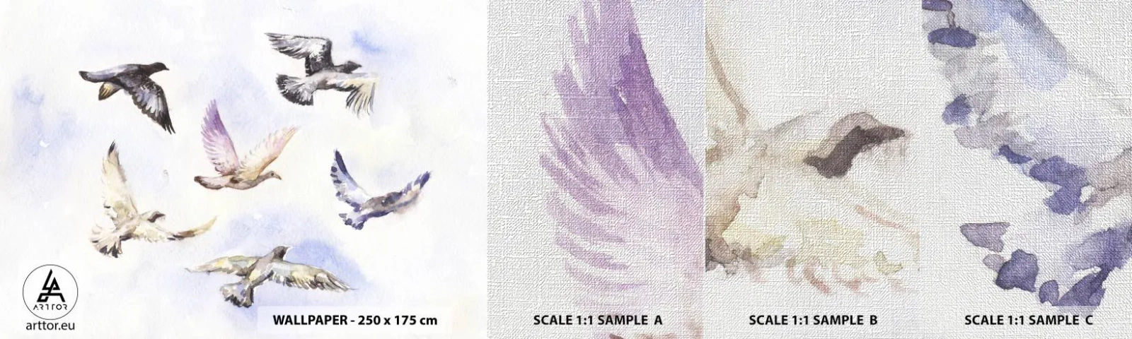 Amostra de papel de parede Premium Canvas - Liberdade em cinza e azul - Pássaros, Gráficos, Pedaço - 100x30 cm