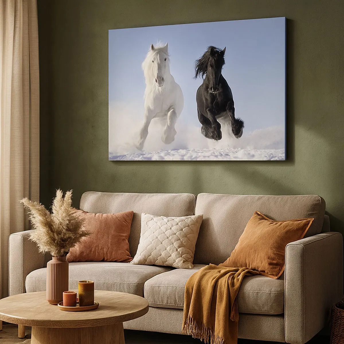 Quadro em tela - Um cavalo branco e um preto galopando pela neve - 70x50cm - Galope preto e branco - Decoração de parede moderna para a sala de estar e quarto ARTTOR