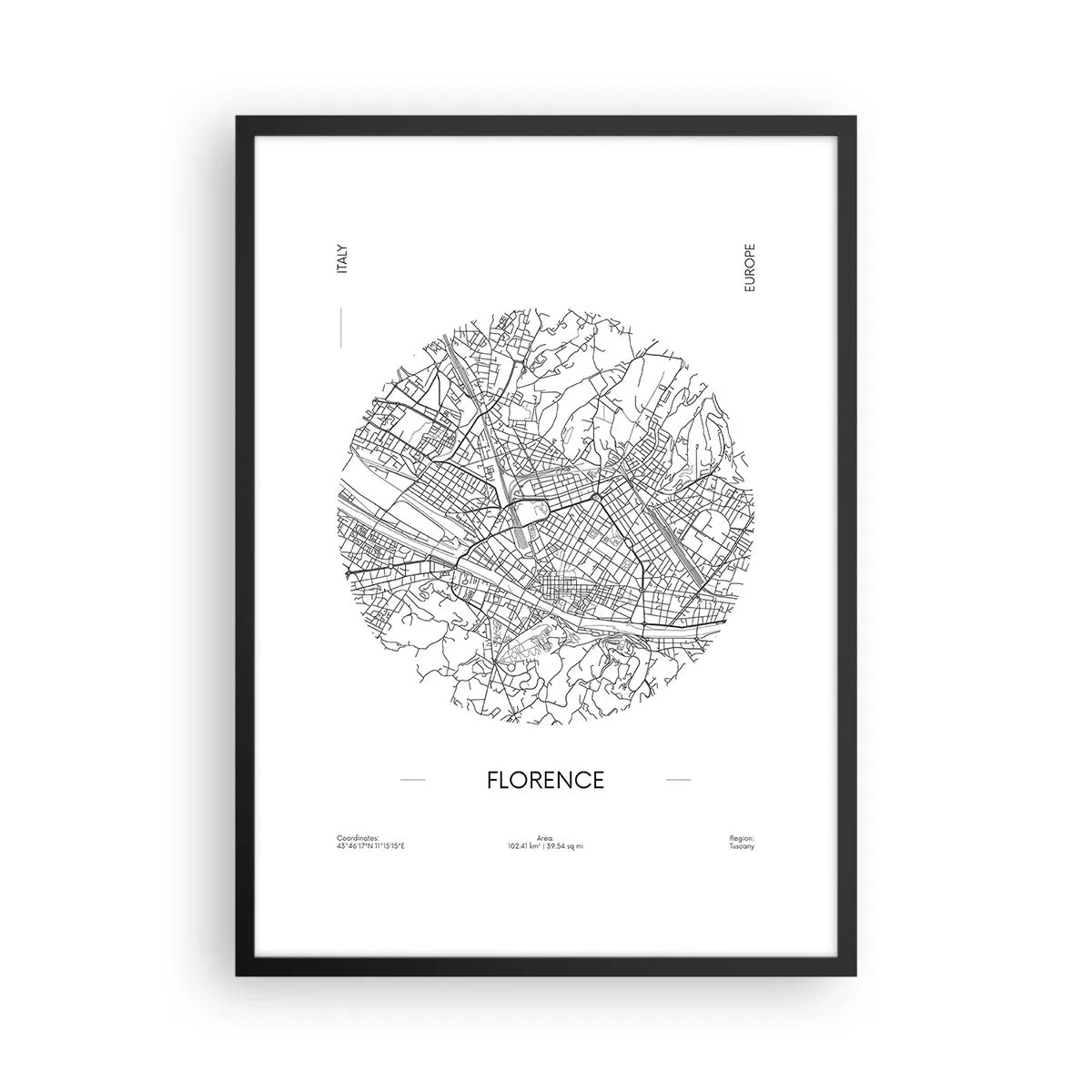 Pôster com moldura preta - Um mapa minimalista de Florença em preto e branco. - 50x70cm - A anatomia de Florença - Decoração de parede moderna para a sala de estar e quarto ARTTOR
