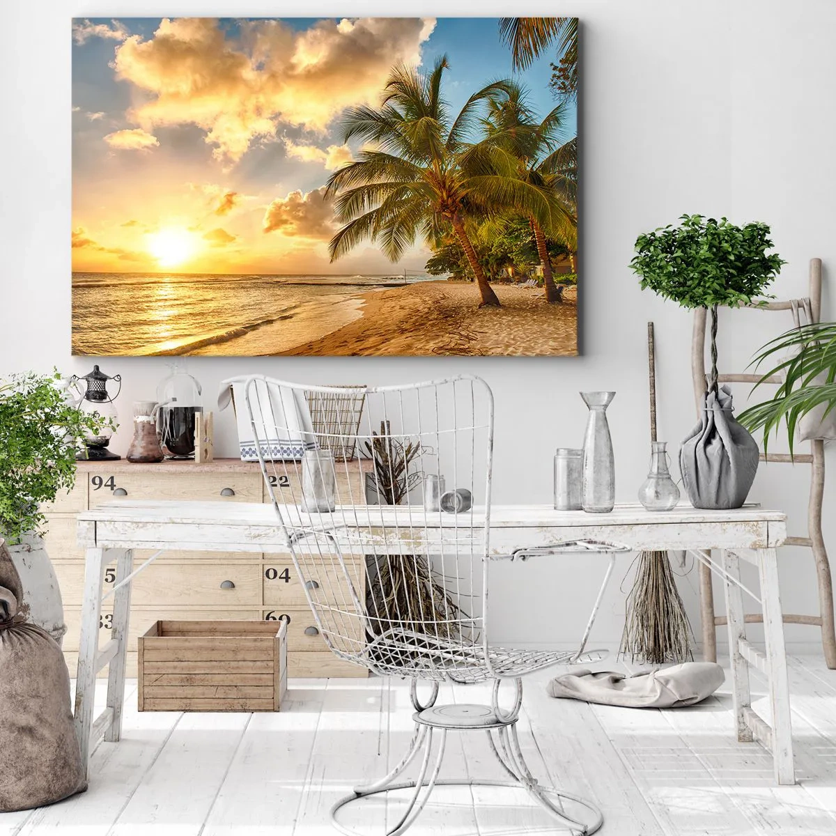 Quadro em tela - Praia com palmeiras e pôr do sol sobre o oceano - 70x50cm - Eterno verão, férias eternas - Decoração de parede moderna para a sala de estar e quarto ARTTOR