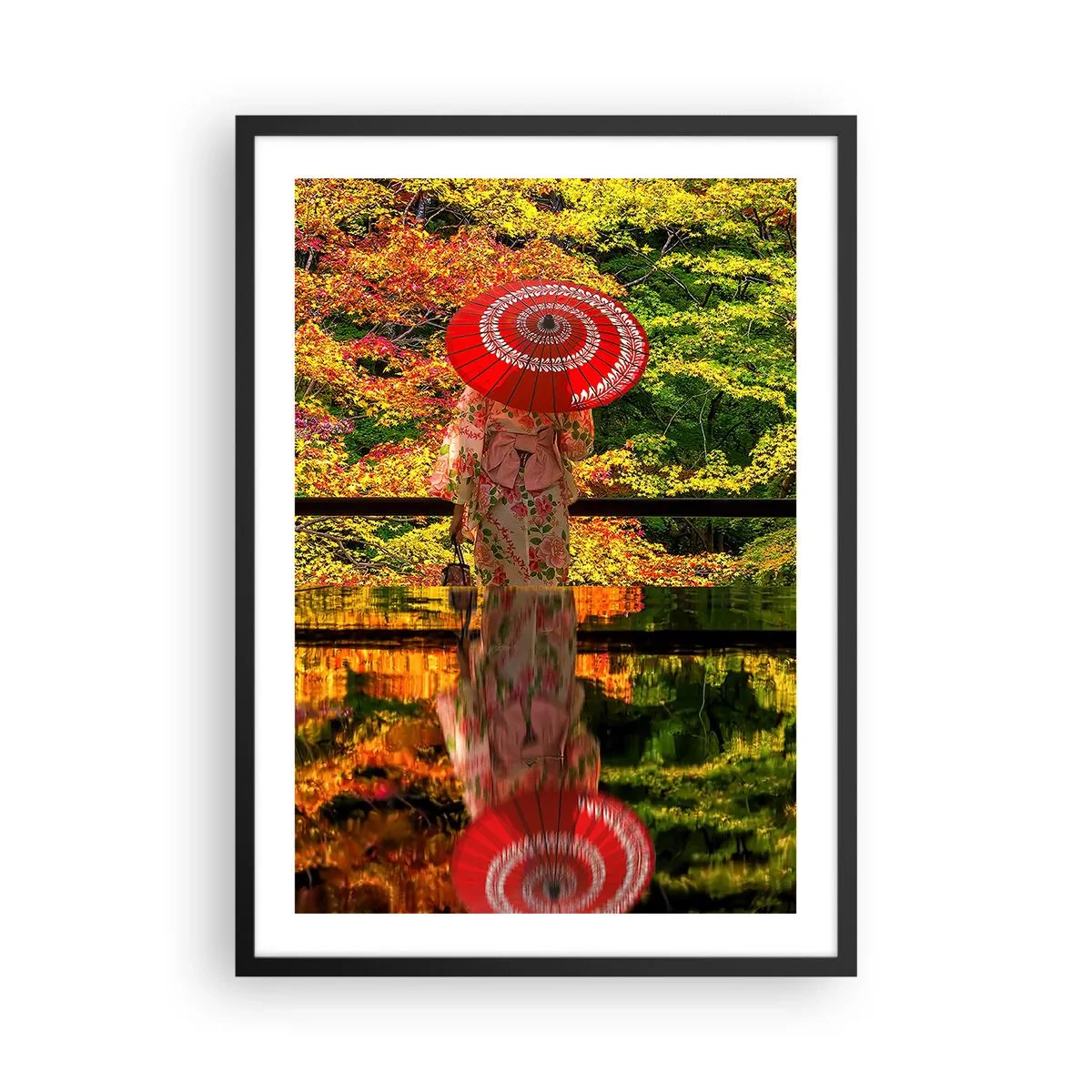 Pôster com moldura preta - Uma mulher de quimono com um guarda-chuva vermelho contra um fundo de folhas de outono. - 50x70cm - No templo da natureza - Decoração de parede moderna para a sala de estar e quarto ARTTOR