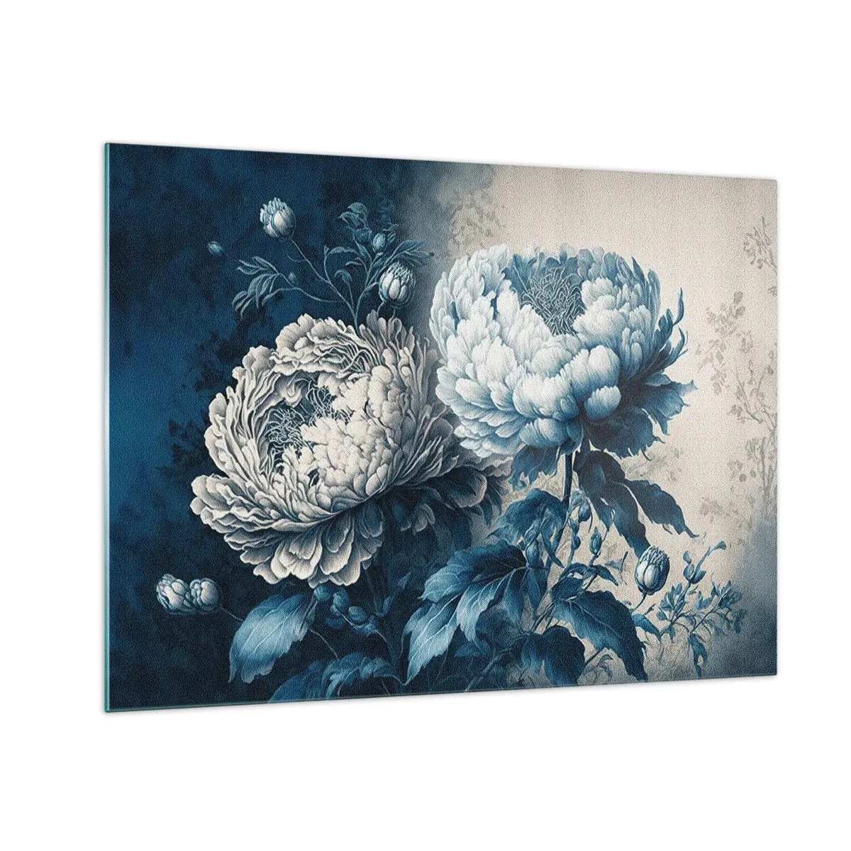Quadro em vidro - Peônias bicolores em tons de azul e bege sobre fundo vintage - 70x50cm - Casal que combina - Decoração de parede moderna para a sala de estar e quarto ARTTOR