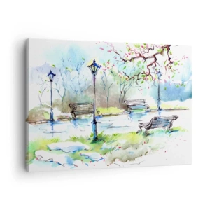 Quadro em tela - Cena de parque em aquarela com bancos e lâmpadas - 70x50cm - O encanto do silêncio do parque - Decoração de parede moderna para a sala de estar e quarto ARTTOR