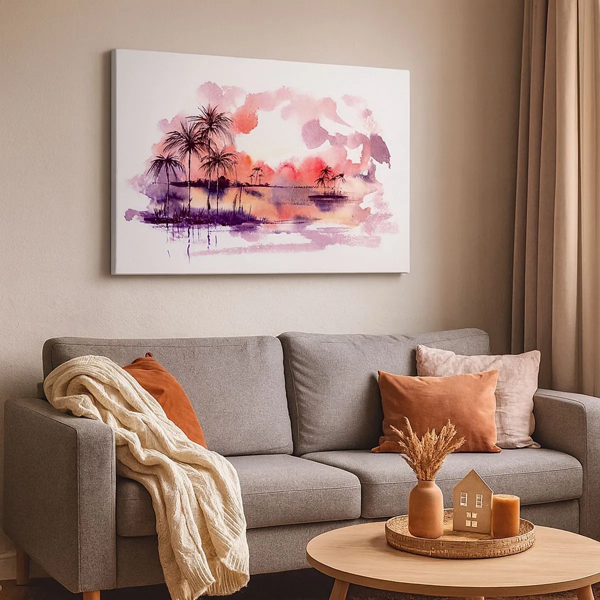 Quadro em tela - Paisagem tropical com palmeiras ao pôr do sol em aquarela - 70x50cm - A tranquilidade dos trópicos em vermelho - Decoração de parede moderna para a sala de estar e quarto ARTTOR