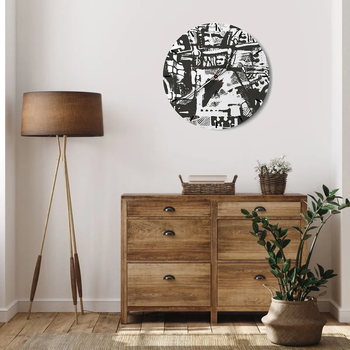 Relógio de parede - Relógio em vidro - Padrão abstrato preto e branco com formas geométricas - 30x30cm - Ordem ou caos? - Decoração de parede moderna para a sala de estar, cozinha e quarto ARTTOR