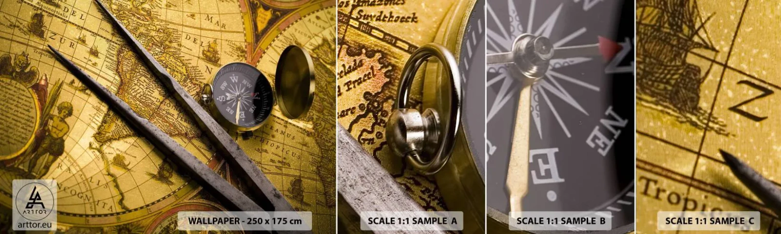Amostra de Papel de Parede Standard Eco - Onde estão esses tesouros? - Bússola, Mapa mundial, Viagens - 100x30 cm