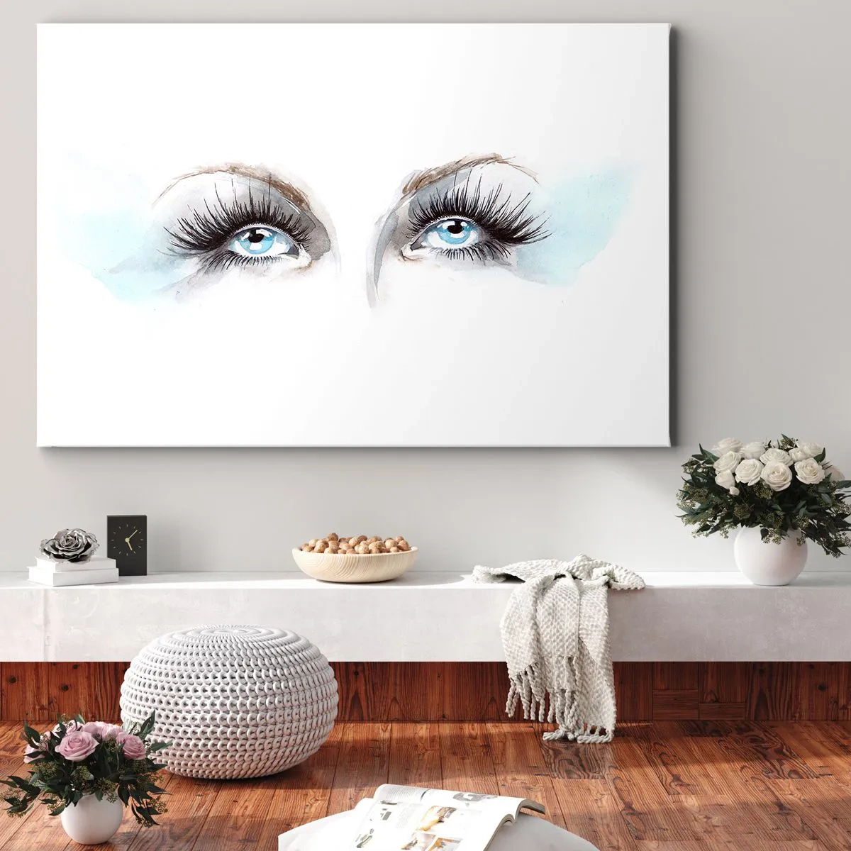 Quadro em tela - Aquarela com olhos azuis e detalhes delicados - 70x50cm - Olhos de anjo? - Decoração de parede moderna para a sala de estar e quarto ARTTOR