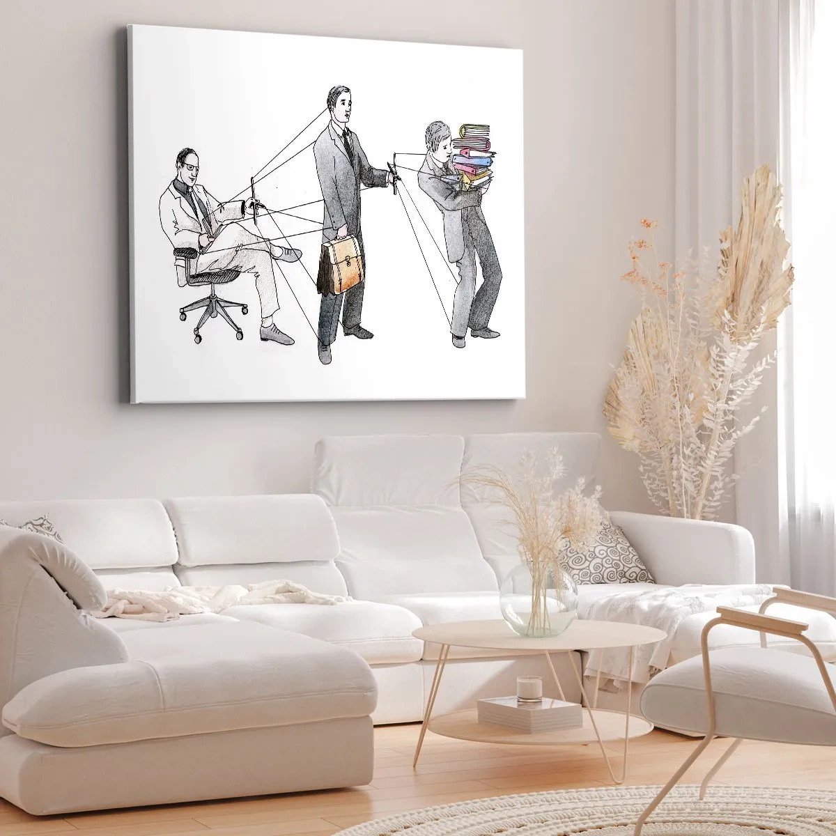 Quadro em tela - Uma ilustração mostrando pessoas sendo controladas como marionetes. - 70x50cm - Cada um tem o seu mestre - Decoração de parede moderna para a sala de estar e quarto ARTTOR