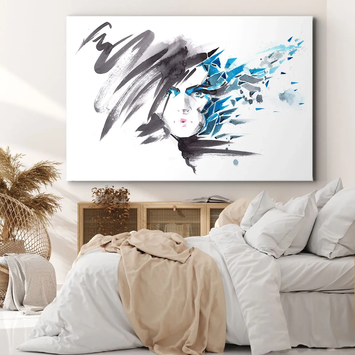 Quadro em tela - Pintura facial artística em aquarela com detalhes em azul - 70x50cm - Retrato sensual em cinza e azul - Decoração de parede moderna para a sala de estar e quarto ARTTOR