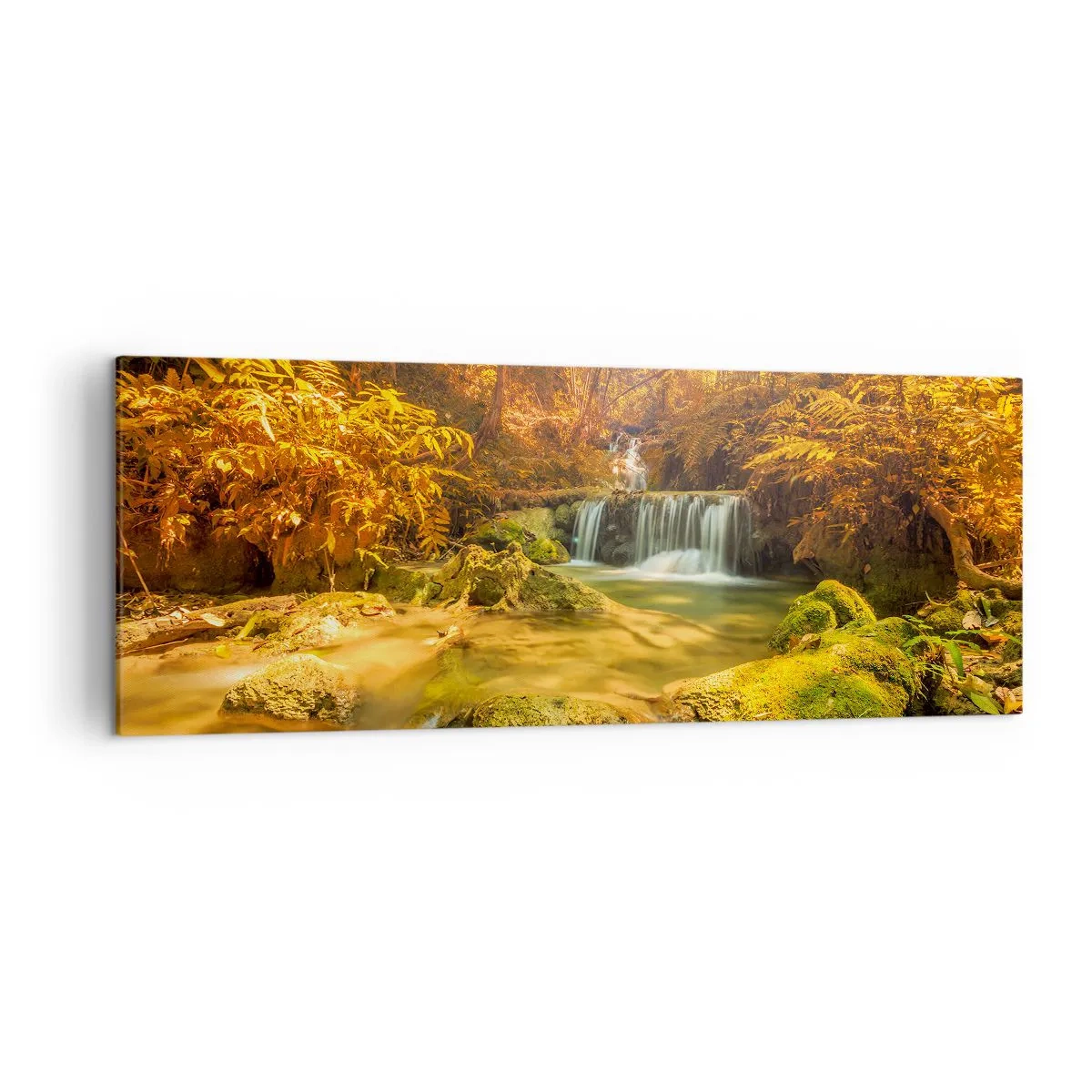 Quadro em tela - Cascata na floresta em ouro - 140x50 cm