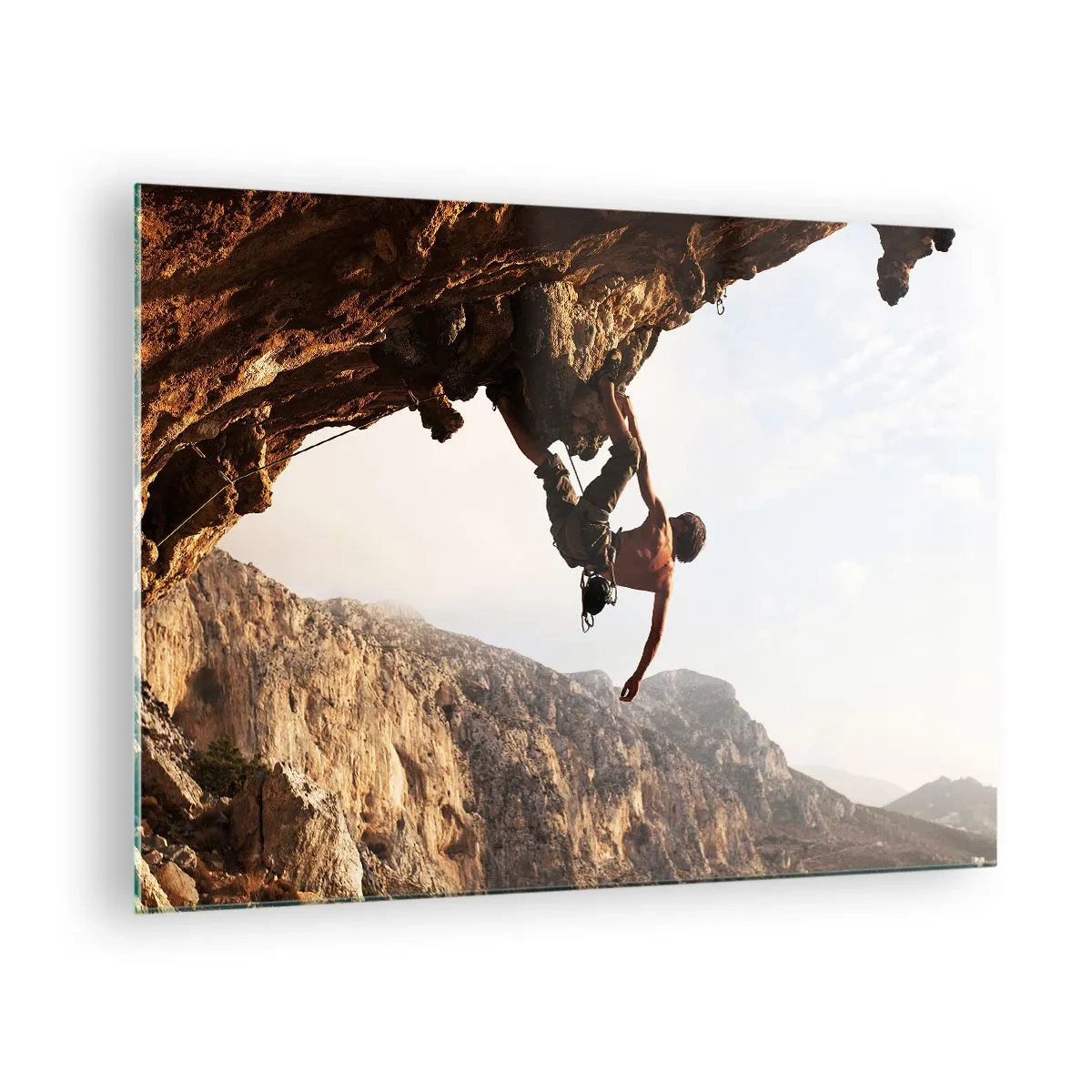 Quadro em vidro - Escalando uma rocha vertical em uma paisagem montanhosa - 70x50cm - O mundo encolhido num punhado de rochas - Decoração de parede moderna para a sala de estar e quarto ARTTOR