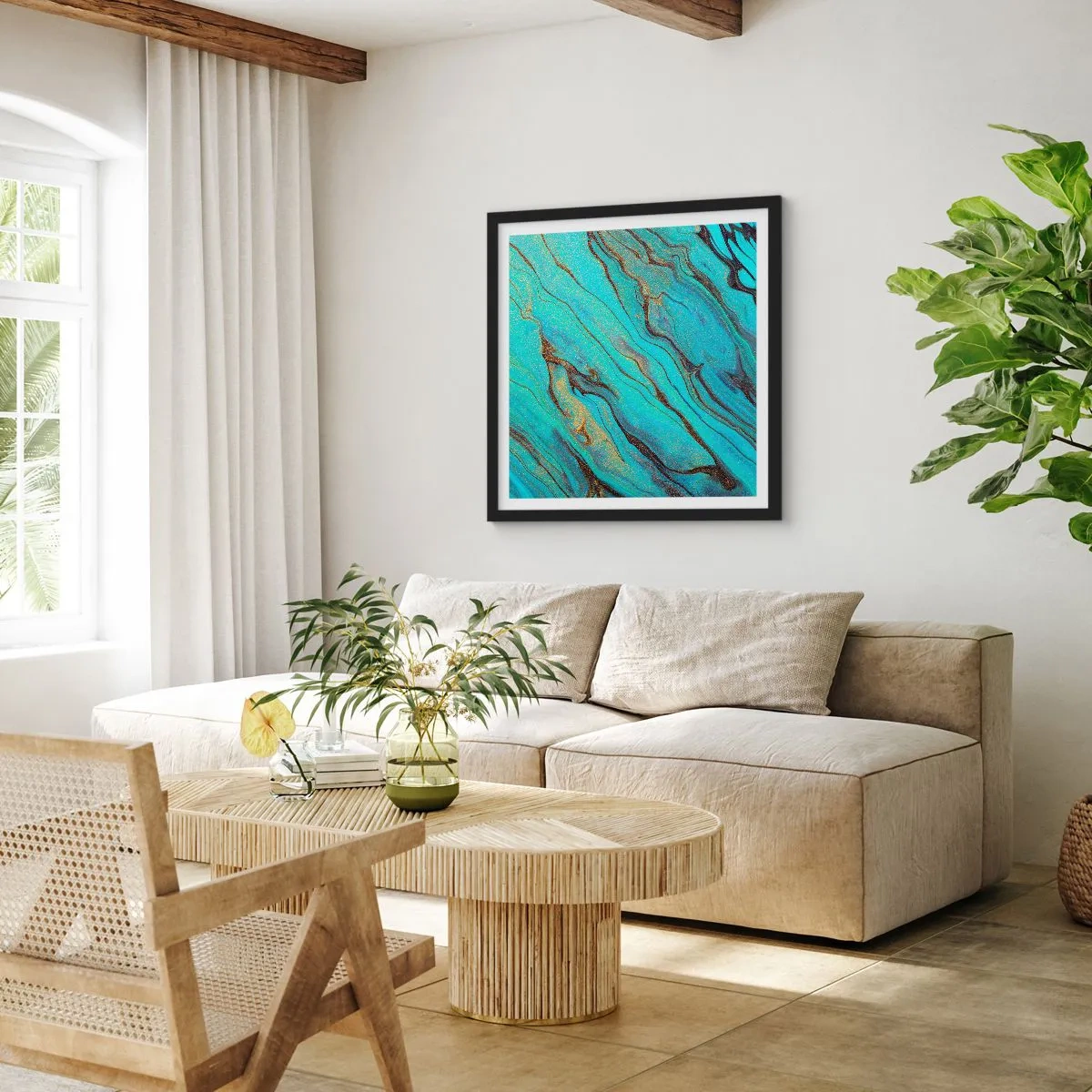 Pôster com moldura preta - Maré Turquesa - 40x40 cm