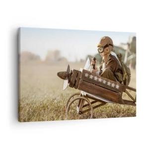 Quadro em tela - Uma criança em um avião de brinquedo com um campo ao fundo - 70x50cm - O início rumo a um sonho - Decoração de parede moderna para a sala de estar e quarto ARTTOR