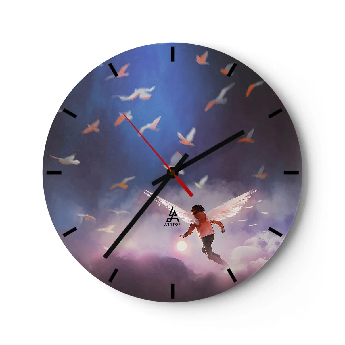 Relógio de parede - Relógio em vidro - Uma figura com asas de anjo entre pássaros contra o céu - 30x30cm - É preciso ter imaginação e coragem - Decoração de parede moderna para a sala de estar, cozinha e quarto ARTTOR