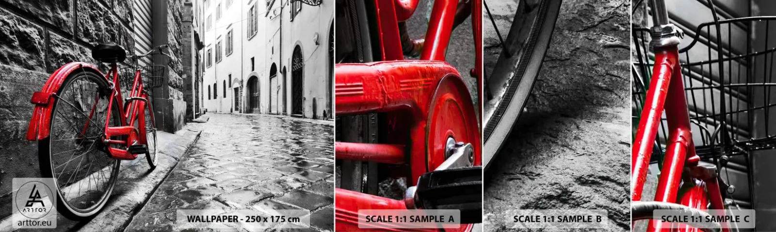 Amostra de papel de parede autocolante Deluxe Sticker - A verdadeira beleza não envelhece - Cidade, Arquitetura, Bicicleta - 100x30 cm