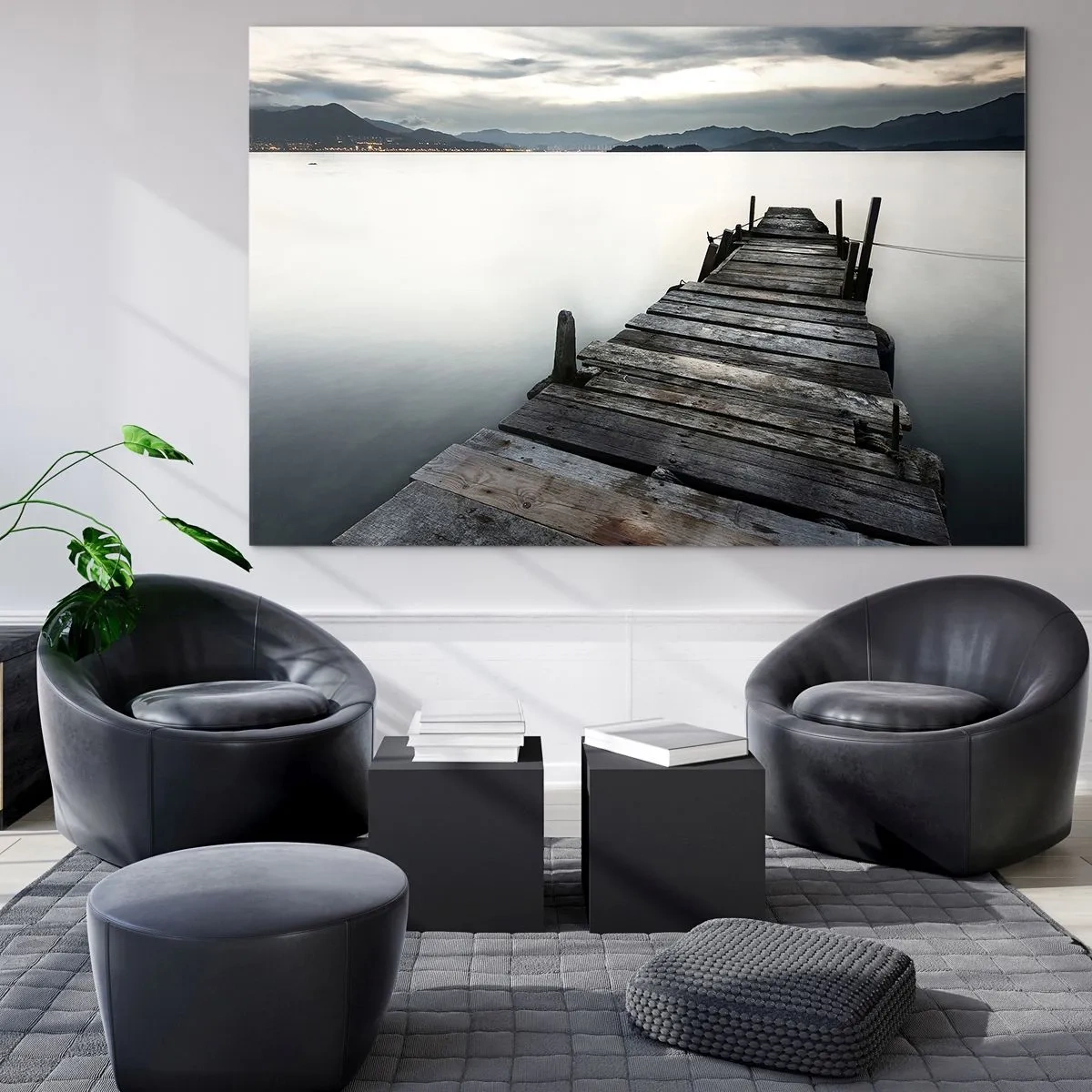 Quadro em vidro - Um cais de madeira com o cenário de um lago calmo ao entardecer - 70x50cm - Mergulhar em paz - Decoração de parede moderna para a sala de estar e quarto ARTTOR