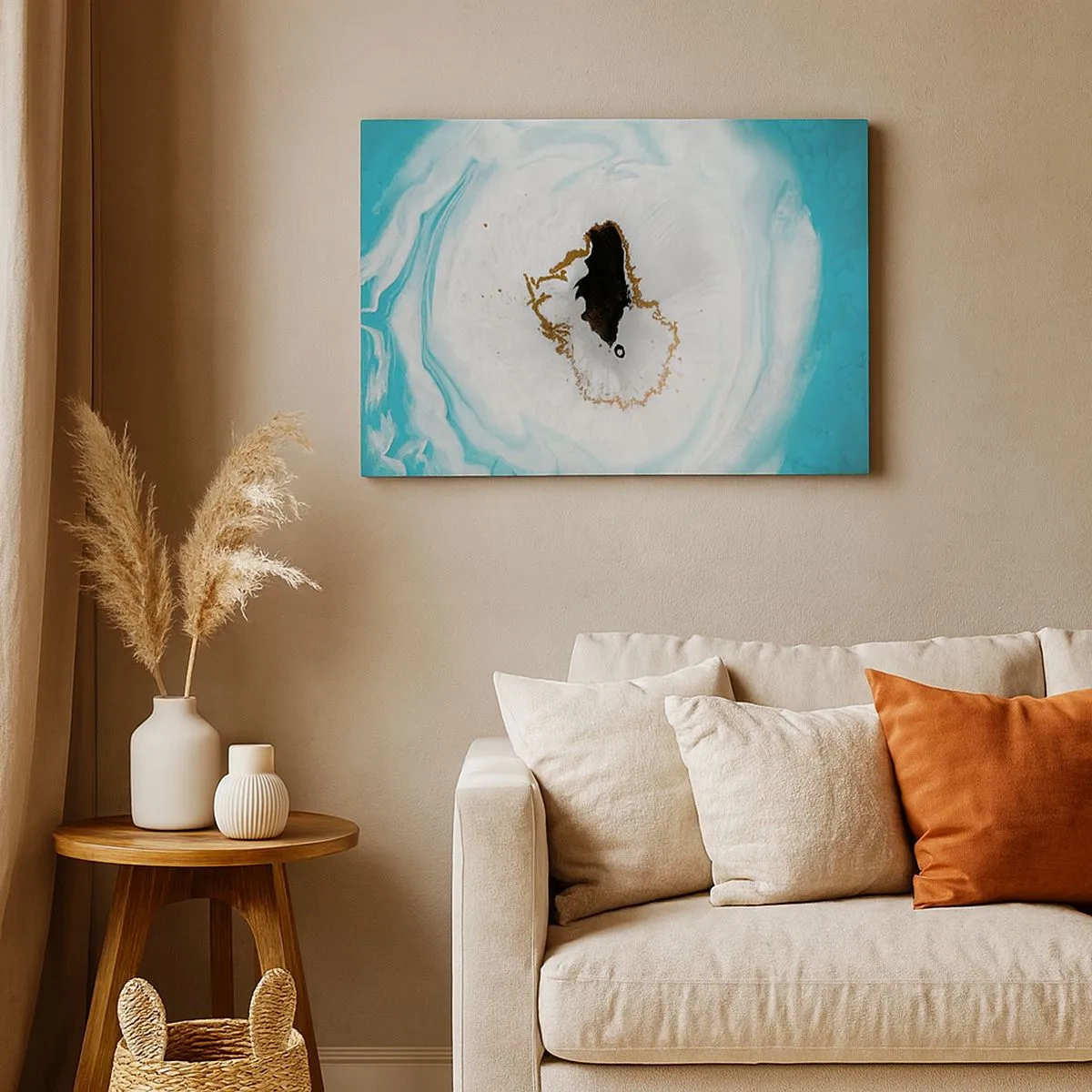 Quadro em tela - Motivo de geodo abstrato em tons de turquesa, branco e dourado - 70x50cm - Penetrar no interior - Decoração de parede moderna para a sala de estar e quarto ARTTOR