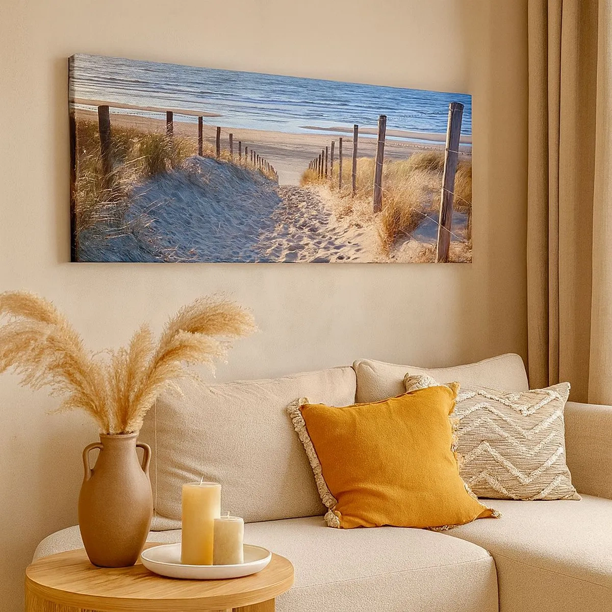 Quadro em tela - O som do mar, o canto dos pássaros, a praia selvagem entre a relva... - 100x40 cm