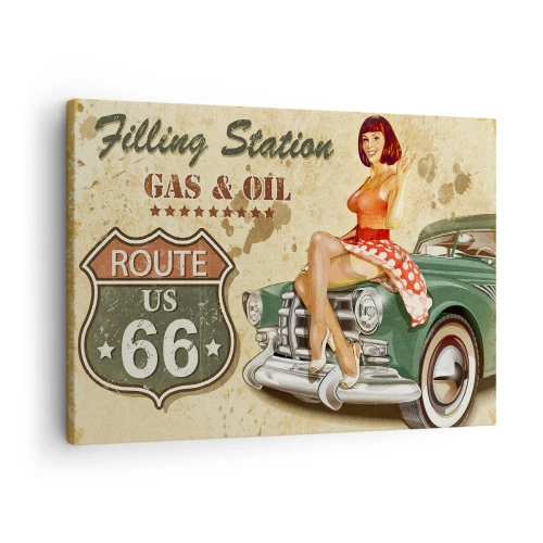 Quadro em tela - Pôster retrô da Rota 66 com garota pin-up e carro - 70x50cm - Os gloriosos anos 40 - Decoração de parede moderna para a sala de estar e quarto ARTTOR