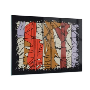 Quadro em vidro - Abstração gráfica com listras coloridas e linhas pretas - 70x50cm - Composição espontânea - Decoração de parede moderna para a sala de estar e quarto ARTTOR