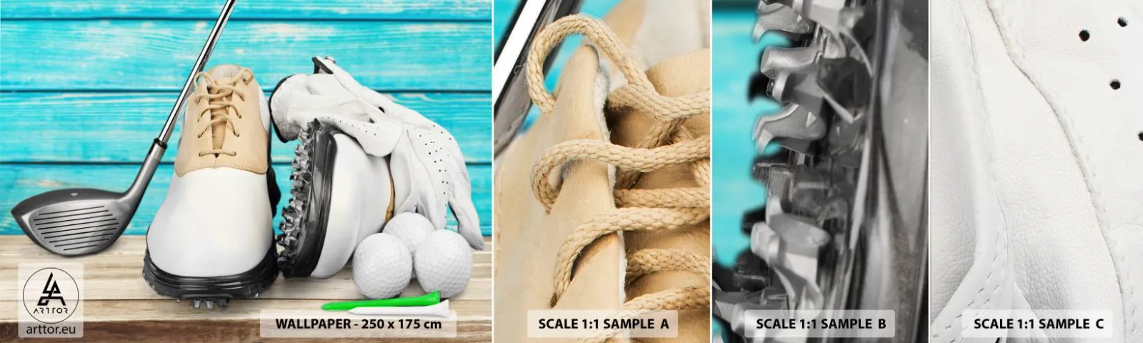 Amostra de papel de parede autocolante Deluxe Sticker - Está tudo pronto - Golfe, Esporte, Sapatos de golfe - 100x30 cm