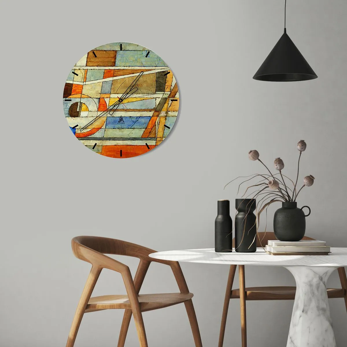 Relógio de parede - Relógio em vidro - Padrão abstrato com cores laranja, bege e azul - 30x30cm - Cubismo em construção - Decoração de parede moderna para a sala de estar, cozinha e quarto ARTTOR