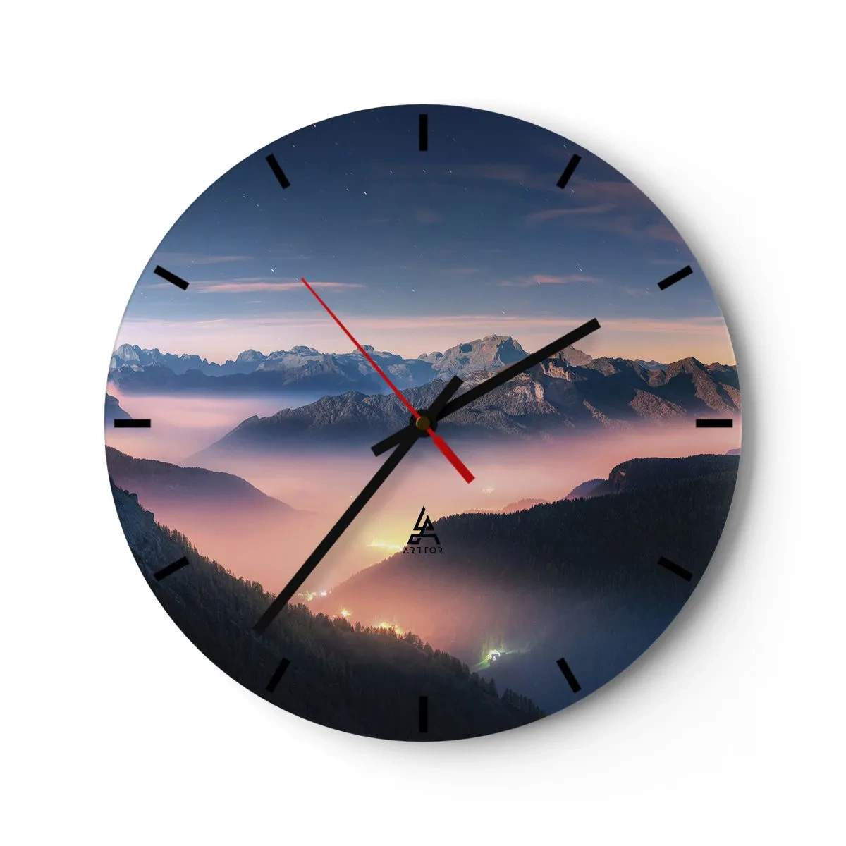 Relógio de parede - Relógio em vidro - Pôr do sol sobre as montanhas com o vale envolto em neblina e luzes - 30x30cm - Luz nos vales - Decoração de parede moderna para a sala de estar, cozinha e quarto ARTTOR