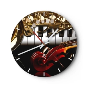 Relógio de parede - Relógio em vidro - Uma composição de instrumentos musicais contra o fundo de um teclado - 30x30cm - Metal, madeira e marfim - Decoração de parede moderna para a sala de estar, cozinha e quarto ARTTOR