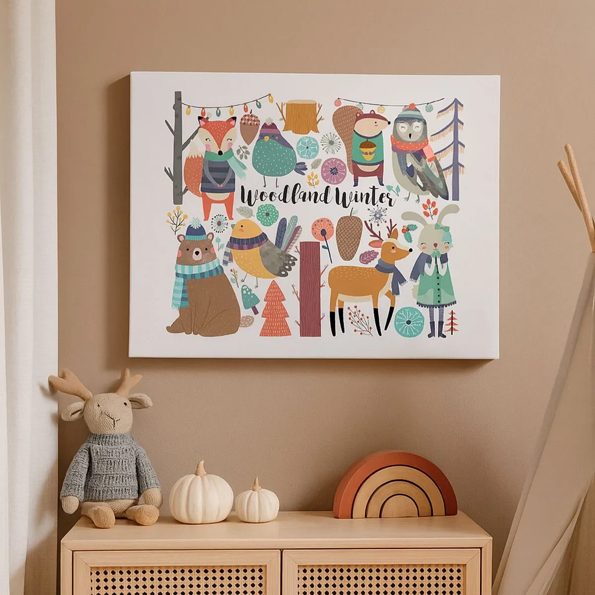 Quadro em tela - Animais da floresta de inverno em gráficos coloridos - 70x50cm - Natal de conto de fadas na floresta - Decoração de parede moderna para a sala de estar e quarto ARTTOR