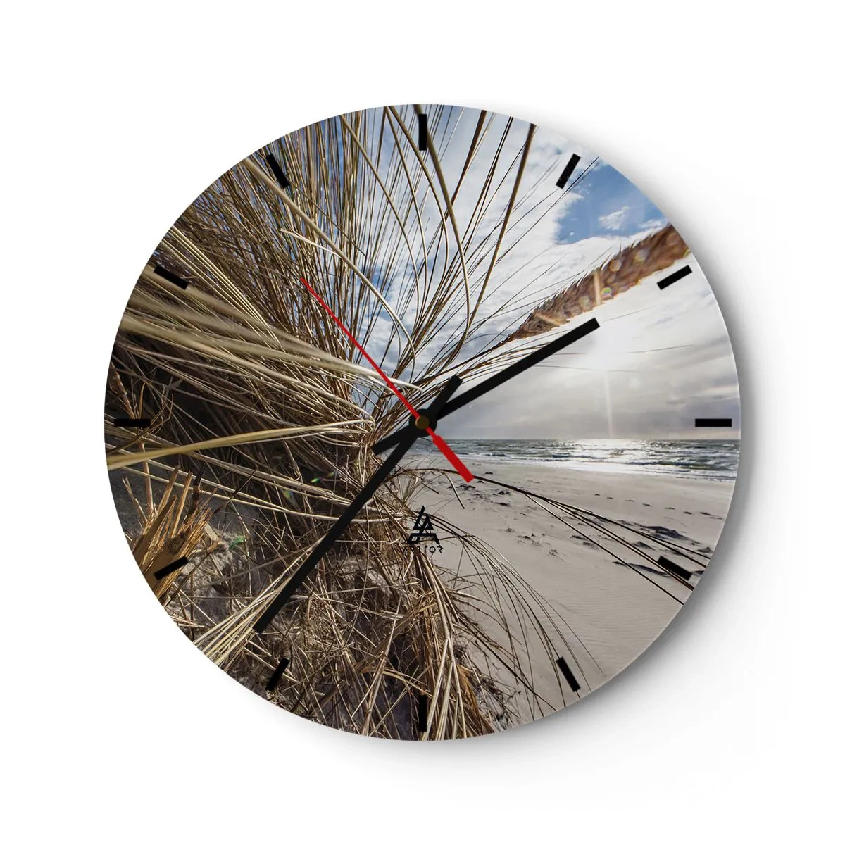 Relógio de parede - Relógio em vidro - Paisagem de praia com vista para o mar através da grama - 30x30cm - Reunião dos rlementos da natureza - Decoração de parede moderna para a sala de estar, cozinha e quarto ARTTOR