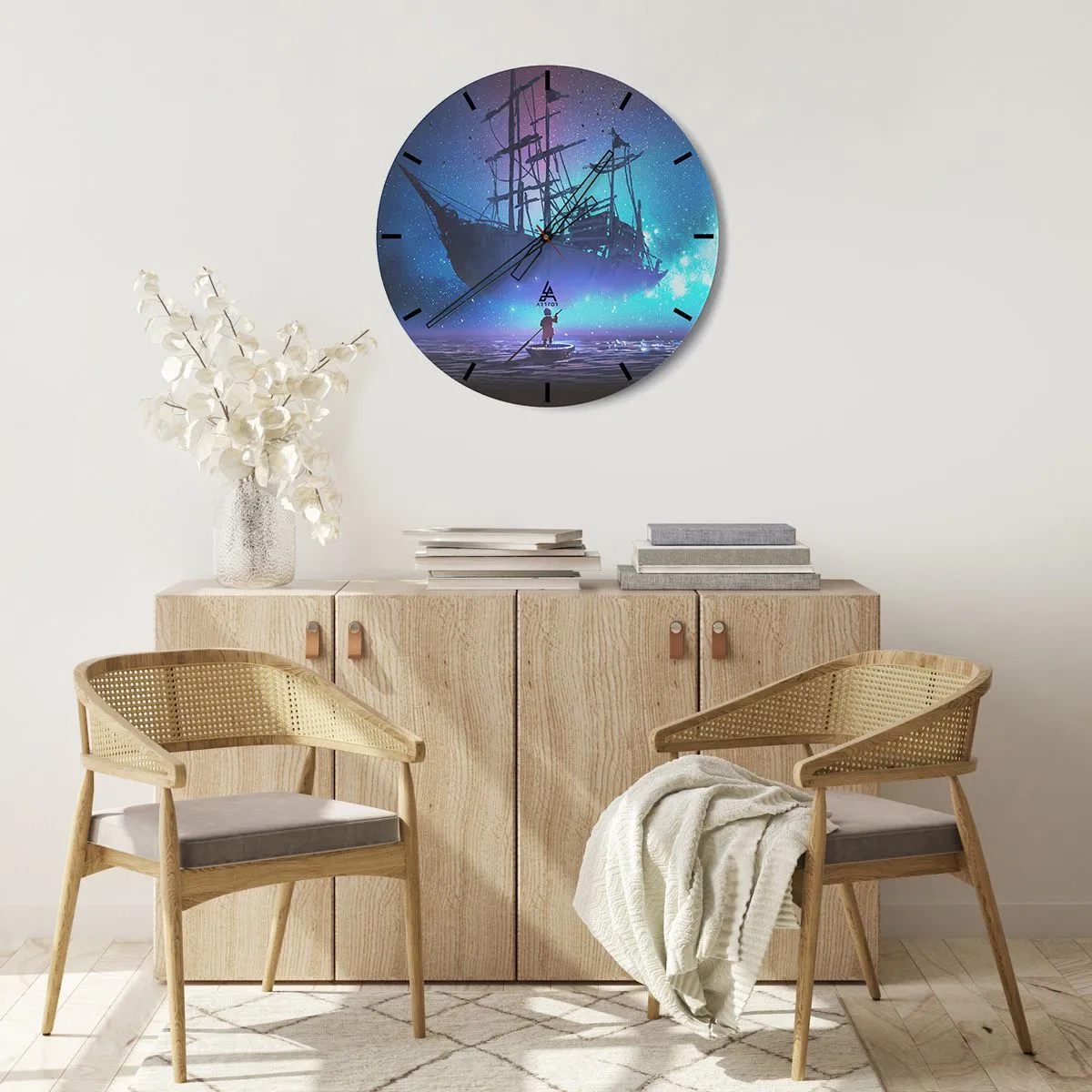 Relógio de parede - Relógio em vidro - Um veleiro à luz das estrelas em um mar calmo com um barco - 30x30cm - Um encontro com o mito do mar - Decoração de parede moderna para a sala de estar, cozinha e quarto ARTTOR