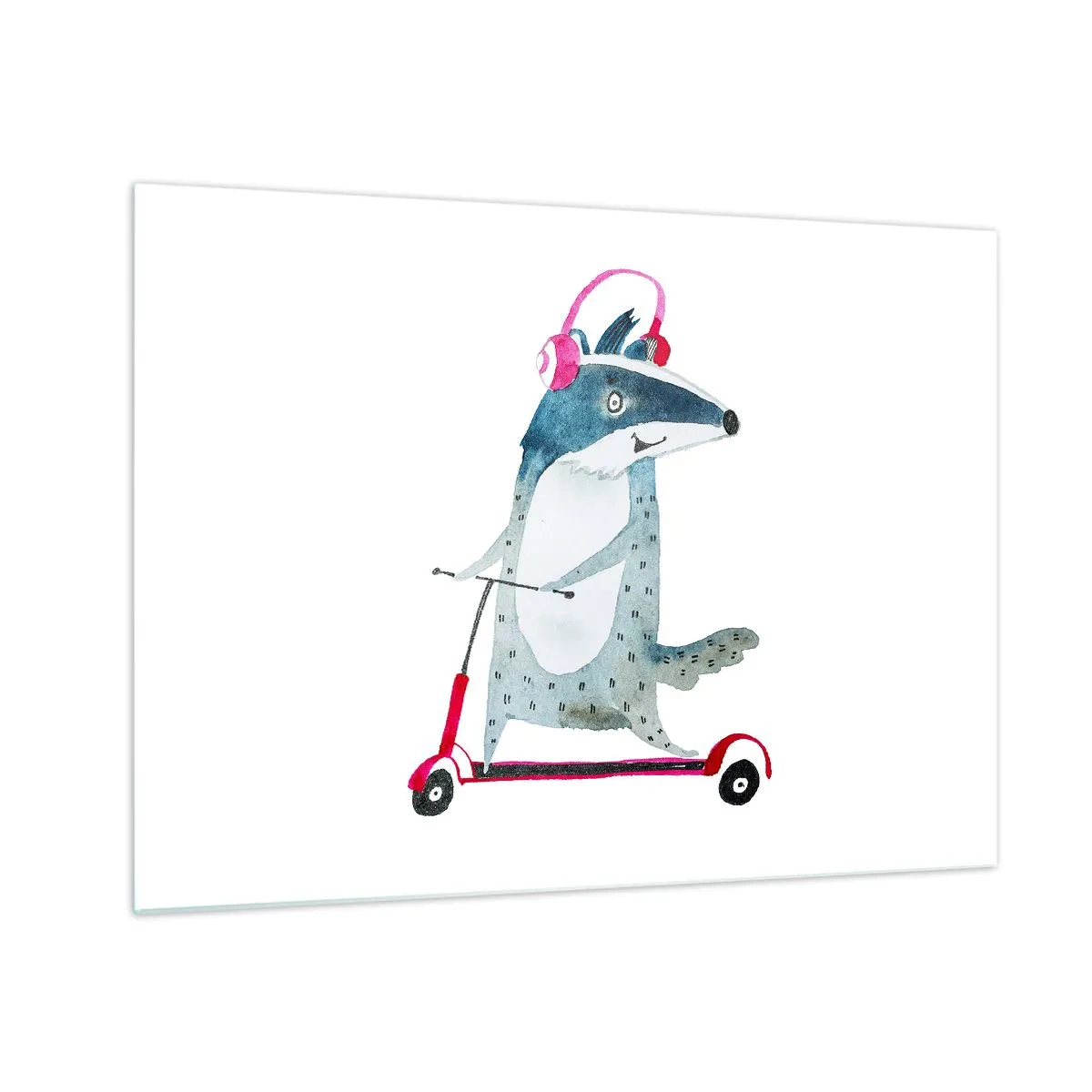 Quadro em vidro - Texugo com fones de ouvido em uma scooter de aquarela - 70x50cm - A alegria do texugo - Decoração de parede moderna para a sala de estar e quarto ARTTOR