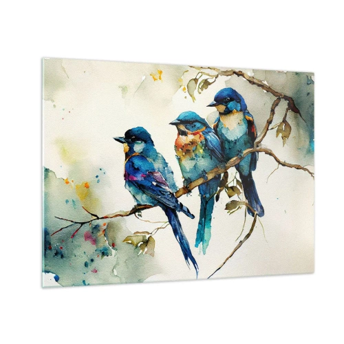 Quadro em vidro - Pássaros coloridos sentados em um galho em aquarela - 70x50cm - Ele ficou ofendido? - Decoração de parede moderna para a sala de estar e quarto ARTTOR
