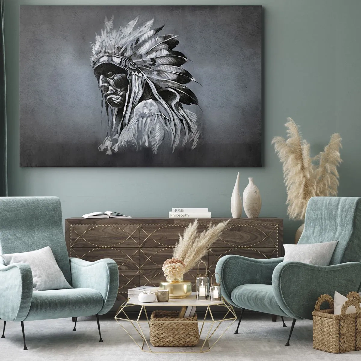Quadro em tela - Retrato de um chefe indígena usando um cocar tradicional - 70x50cm - De volta às raízes - Decoração de parede moderna para a sala de estar e quarto ARTTOR