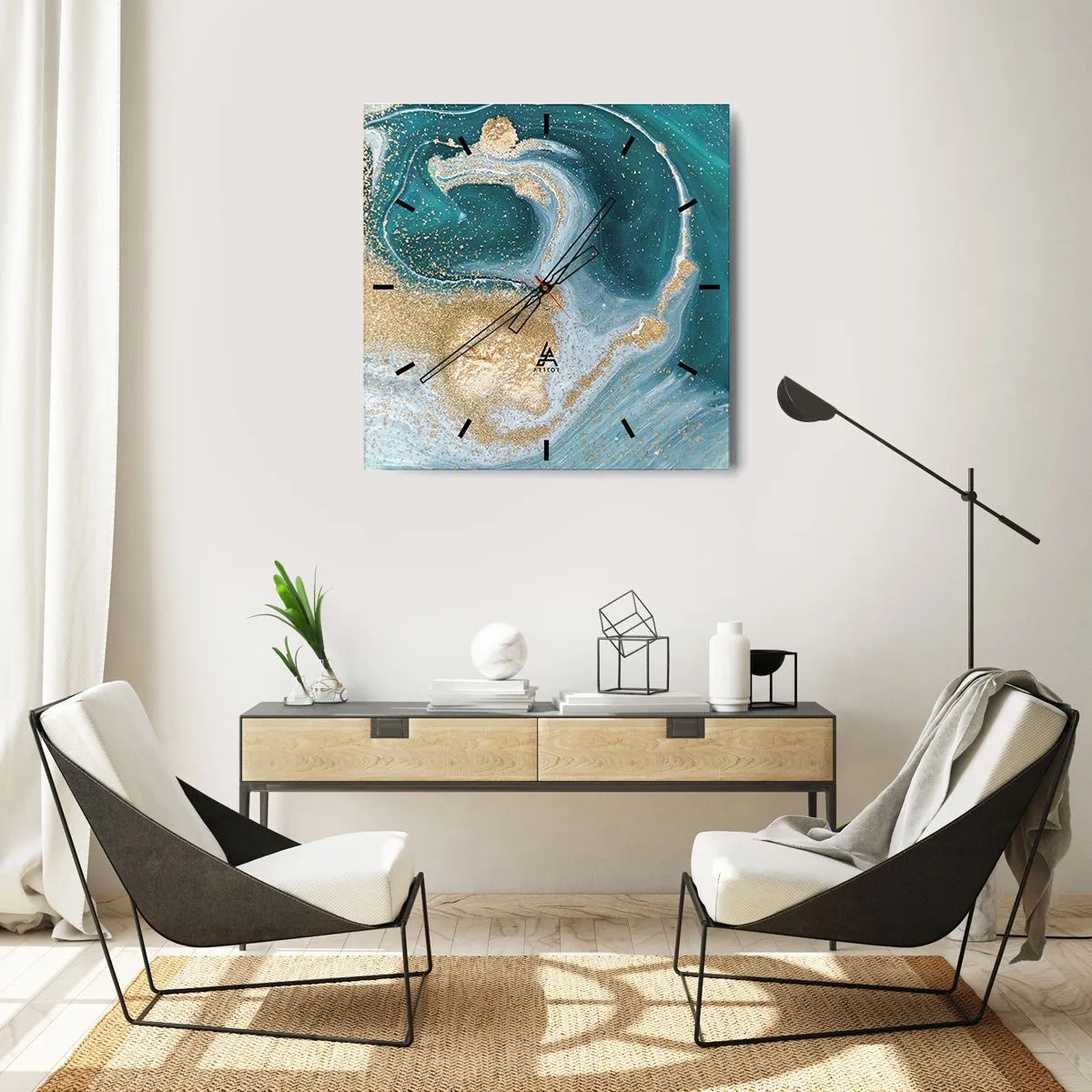 Relógio de parede - Relógio em vidro - Um vórtice de ouro e turquesa - 40x40 cm