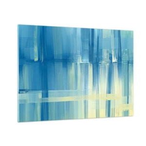 Quadro em vidro - Pinceladas abstratas em turquesa e amarelo - 70x50cm - Composição em turquesa - Decoração de parede moderna para a sala de estar e quarto ARTTOR