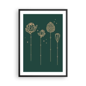 Pôster com moldura preta - Contornos dourados de flores sobre fundo verde escuro - 50x70cm - A família RAMOS - Decoração de parede moderna para a sala de estar e quarto ARTTOR