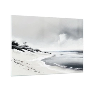 Quadro em vidro - Praia preta e branca com horizonte e mar calmo - 70x50cm - Juntos para sempre - Decoração de parede moderna para a sala de estar e quarto ARTTOR