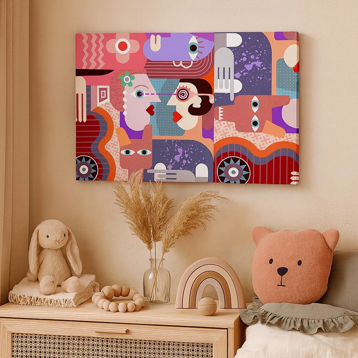 Quadro em tela - Figuras abstratas em cores vivas - 70x50cm - Olho no olho - Decoração de parede moderna para a sala de estar e quarto ARTTOR