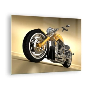 Quadro em vidro - Uma motocicleta personalizada dourada contra um fundo claro - 70x50cm - O sonho da força e da velocidade - Decoração de parede moderna para a sala de estar e quarto ARTTOR