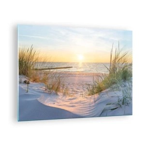 Quadro em vidro - Praia do pôr do sol com vista para o mar e dunas - 70x50cm - O som do mar, o canto dos pássaros, a praia selvagem entre a relva... - Decoração de parede moderna para a sala de estar e quarto ARTTOR