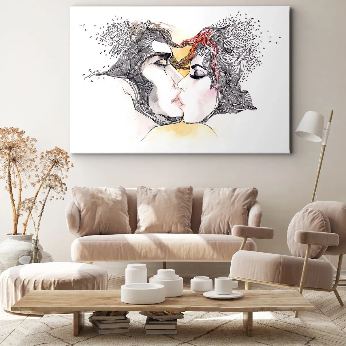 Quadro em tela - Retrato artístico de um casal com motivos abstratos de cabelo - 70x50cm - O mundo não existe - Decoração de parede moderna para a sala de estar e quarto ARTTOR