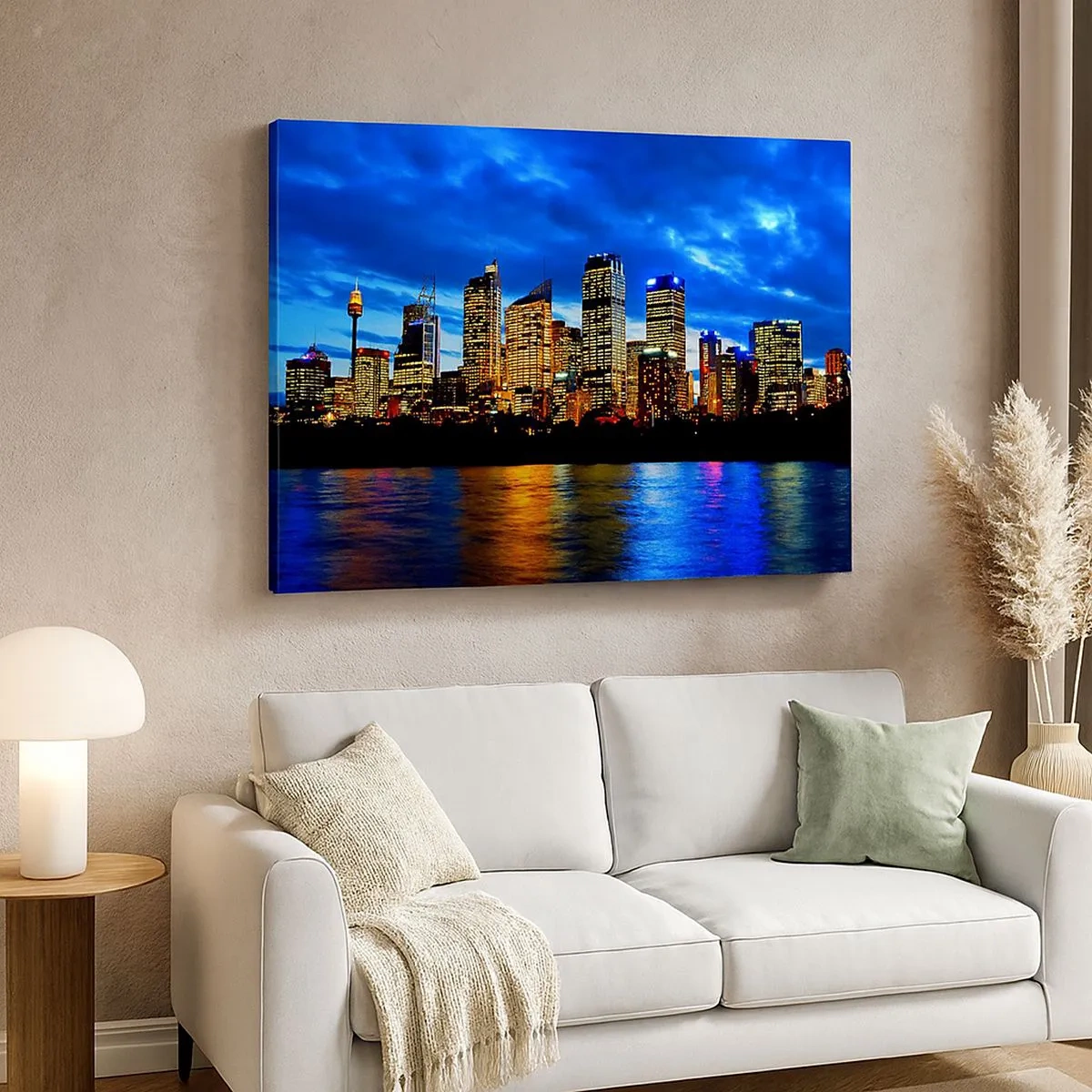 Quadro em tela - Panorama da cidade noturna com arranha-céus iluminados sobre a água - 70x50cm - Uma noite de luzes e cores - Decoração de parede moderna para a sala de estar e quarto ARTTOR